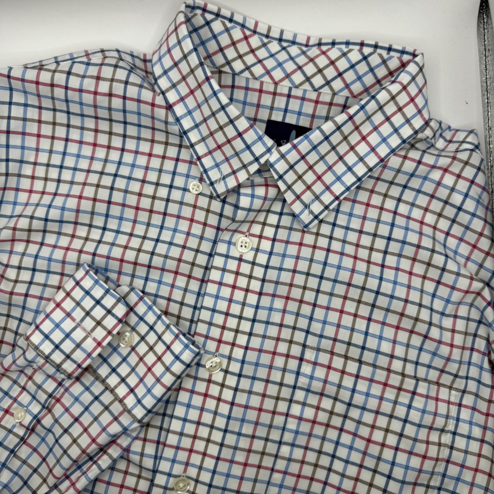 Johnnie-O Men Prep-Formance White Plaid Button Down Shirt Stretch Casual Large
